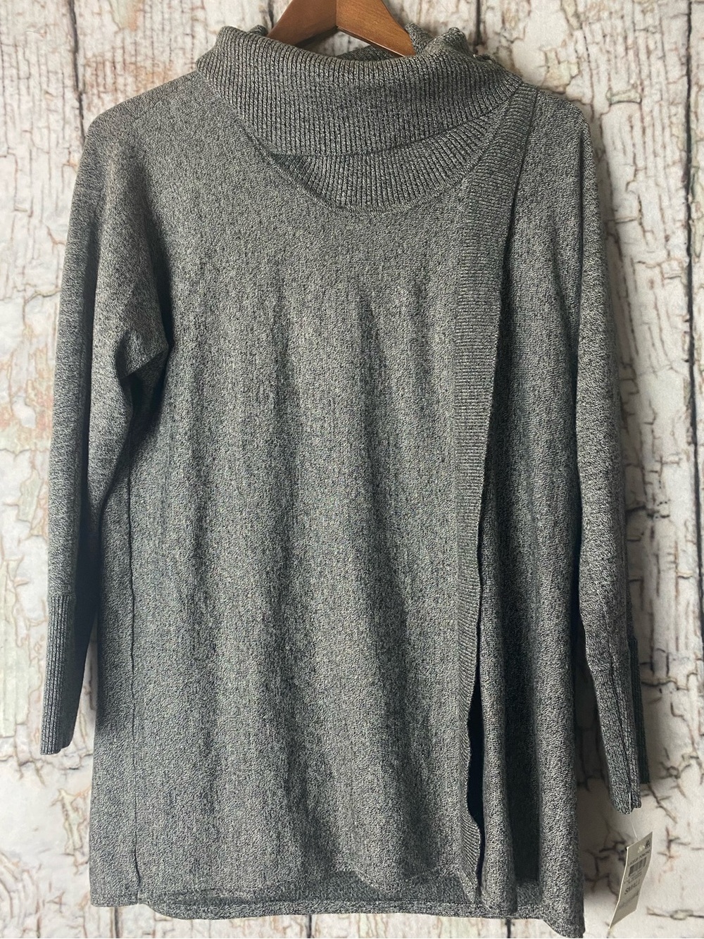 JM Collection classic gray faux wrap Cowl Neck Sweater poncho quiet luxury S